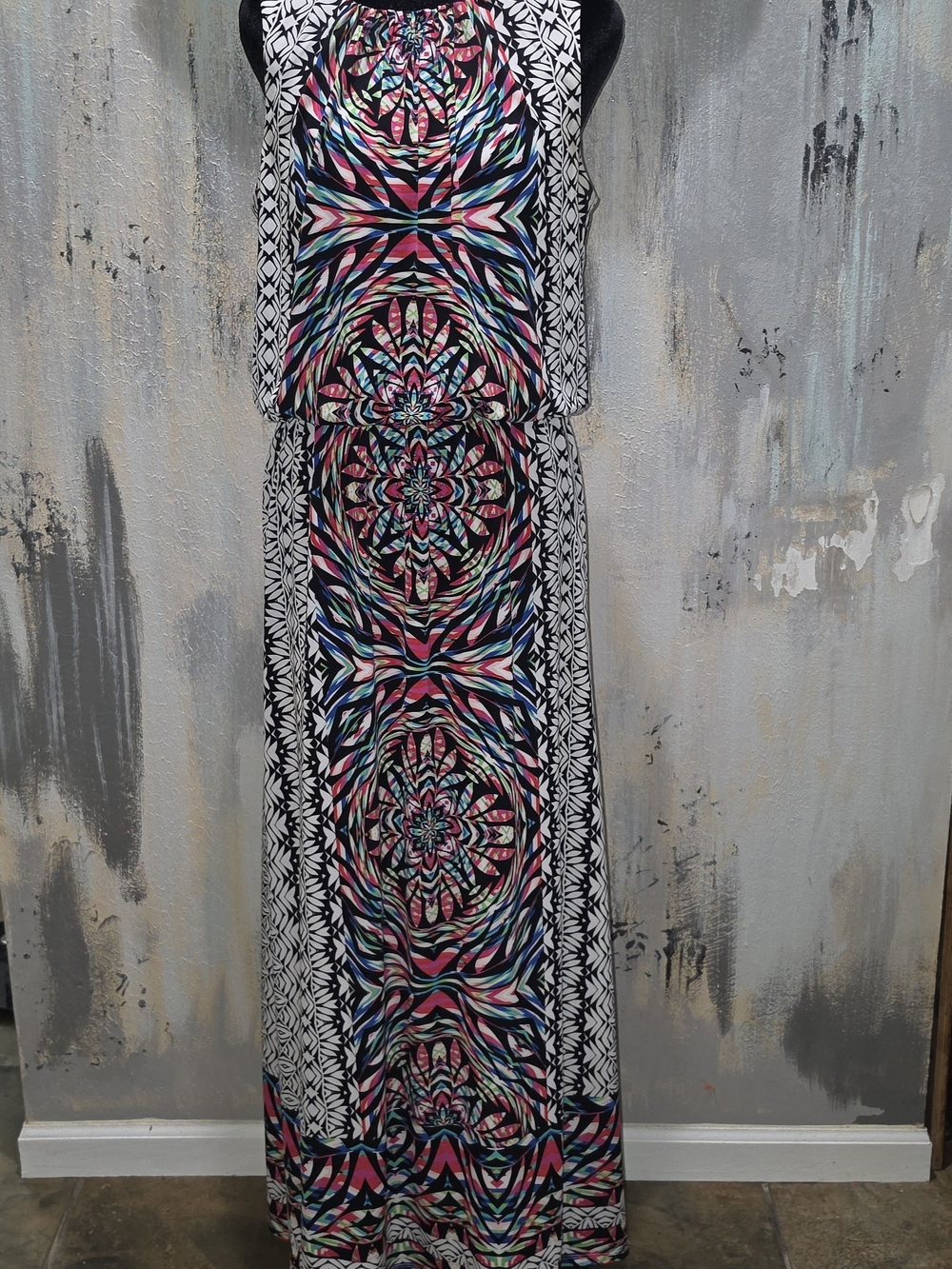 London Times Black Multi-Print Sleeveless Maxi with Pink, Blue & White Accents